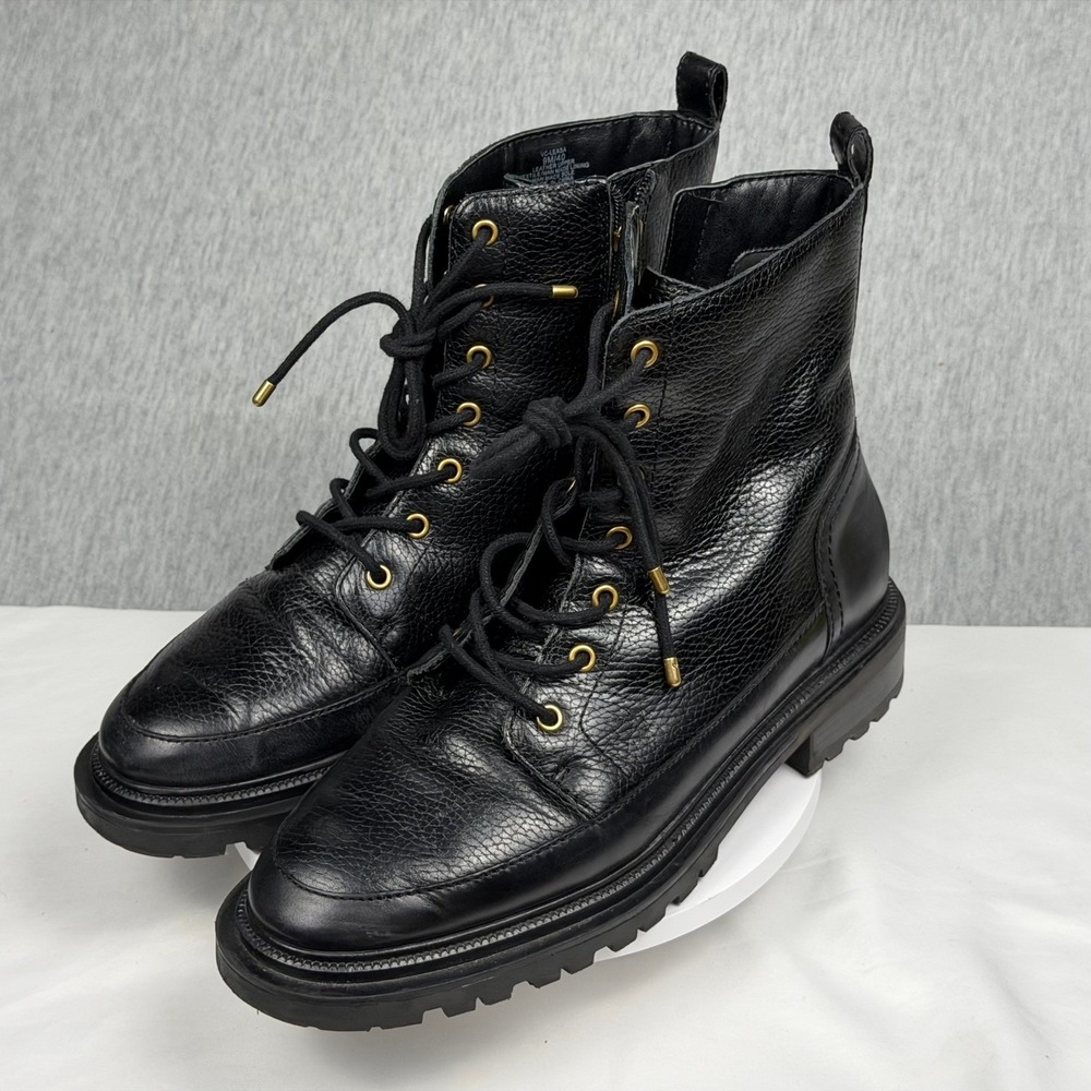 Vince Camuto Leasa Black Pebbled Leather Combat Boots Gold Hardware Womens 9M 40